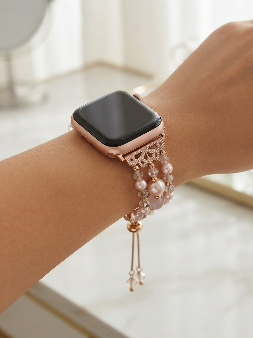 Rose Gold Beaded Smartwatch Band - Compatible with Apple Watch Size: 42/44/45mm